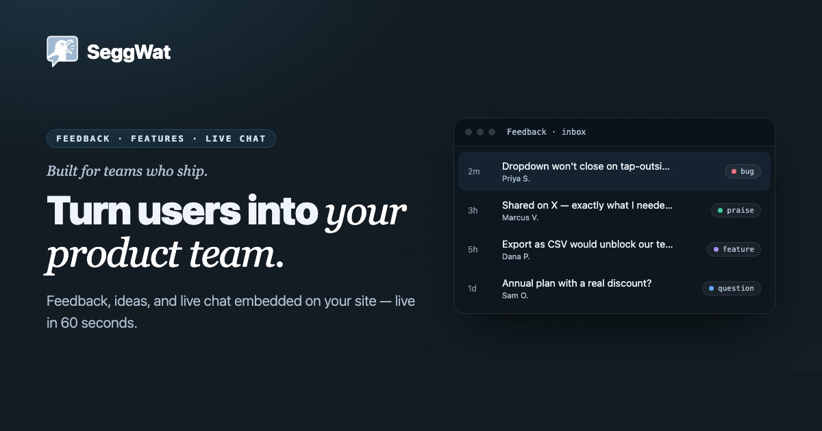 Feedback Live Chat Widget for Indie Hackers & Small Teams — SeggWat screenshot 1